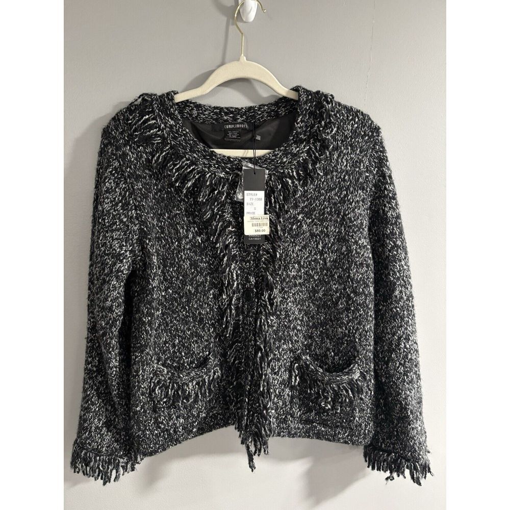 Compliments Fringe Trim Sweater Size Small Black White‎
